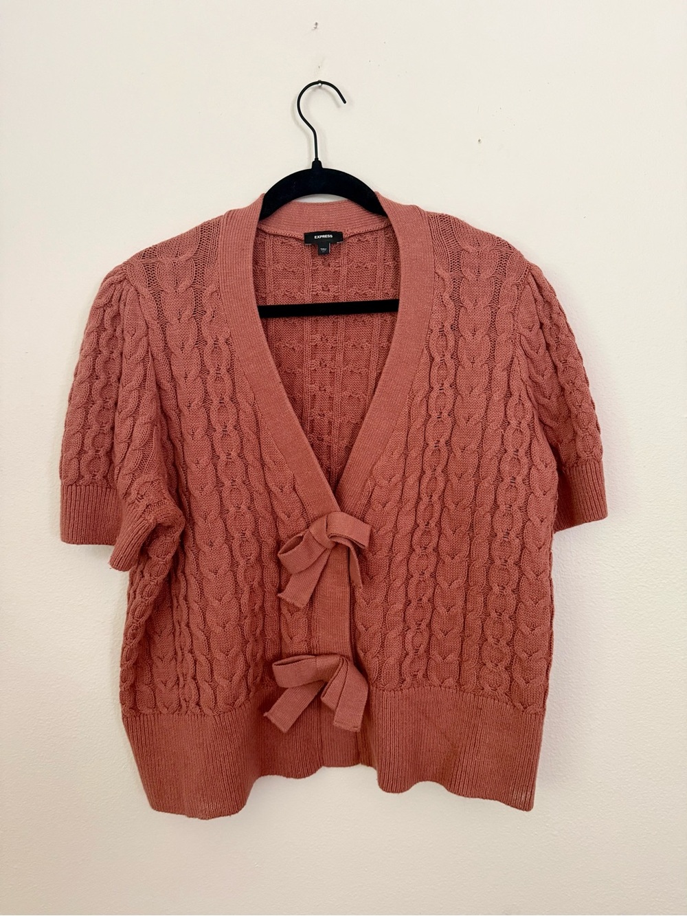 Express Cable-Knit Short Sleeve Cardigan in Rose